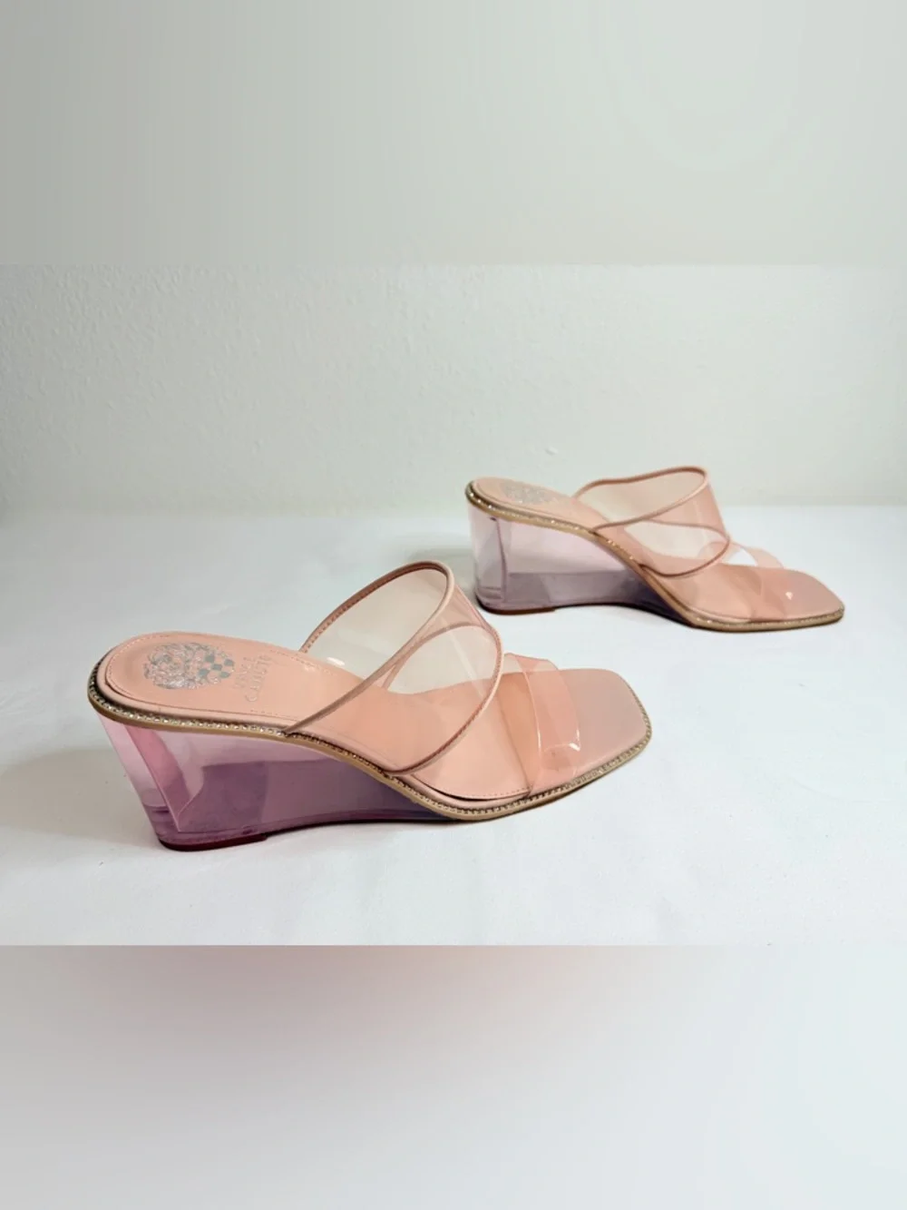 Vince Camuto Clear Pink Wedge Sandals Rhinestone Trim Size 9
